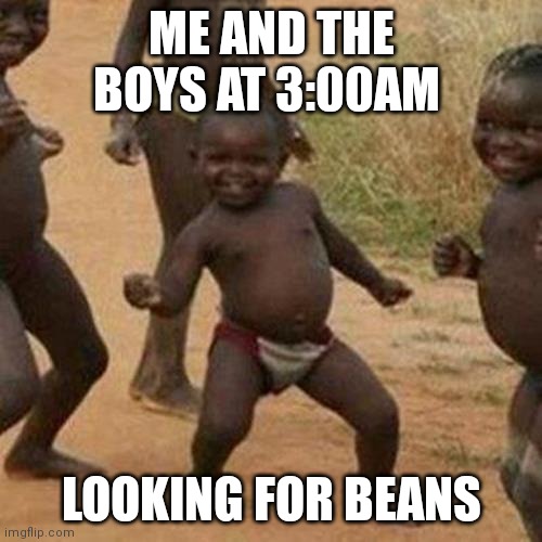 Third World Success Kid | ME AND THE BOYS AT 3:00AM; LOOKING FOR BEANS | image tagged in memes,third world success kid | made w/ Imgflip meme maker