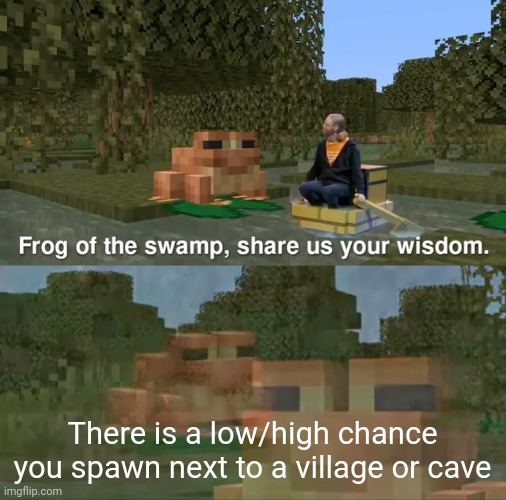 I spawned next to a village | There is a low/high chance you spawn next to a village or cave | image tagged in frog of the swamp share us your wisdom,memes,funny,minecraft | made w/ Imgflip meme maker