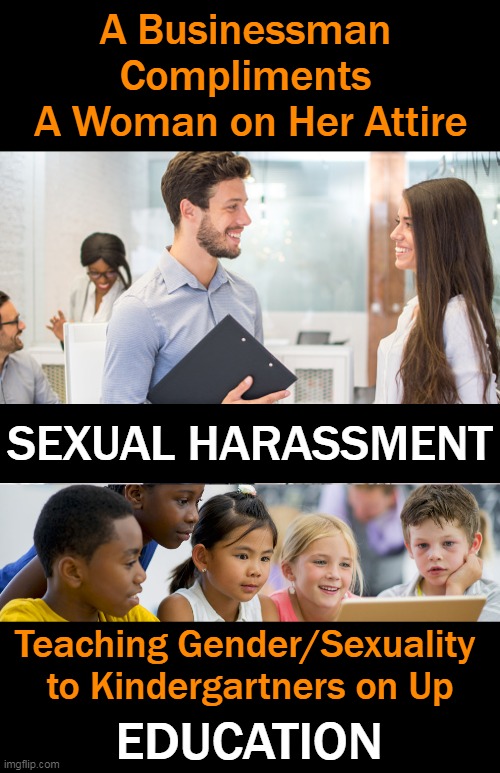 Pay Attention To The Agenda . . . . | A Businessman 
Compliments 
A Woman on Her Attire; SEXUAL HARASSMENT; Teaching Gender/Sexuality 
to Kindergartners on Up; EDUCATION | image tagged in political meme,liberals vs conservatives,agenda,indoctrination,liberalism,hypocrisy | made w/ Imgflip meme maker