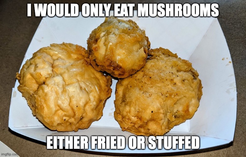 Fried Mushrooms | I WOULD ONLY EAT MUSHROOMS; EITHER FRIED OR STUFFED | image tagged in mushrooms,food,memes | made w/ Imgflip meme maker