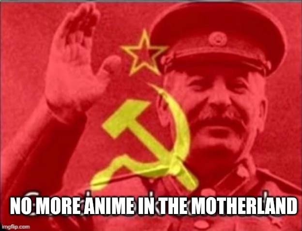 Comrade Stalin | NO MORE ANIME IN THE MOTHERLAND | image tagged in comrade stalin | made w/ Imgflip meme maker
