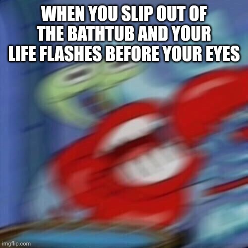 Mr krabs blur | WHEN YOU SLIP OUT OF THE BATHTUB AND YOUR LIFE FLASHES BEFORE YOUR EYES | image tagged in mr krabs blur | made w/ Imgflip meme maker