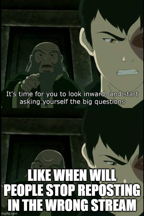 Zuko & Iroh Interspection | LIKE WHEN WILL PEOPLE STOP REPOSTING IN THE WRONG STREAM | image tagged in zuko iroh interspection | made w/ Imgflip meme maker