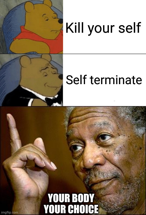 Lights | Kill your self; Self terminate; YOUR BODY
YOUR CHOICE | image tagged in memes,tuxedo winnie the pooh,this morgan freeman | made w/ Imgflip meme maker