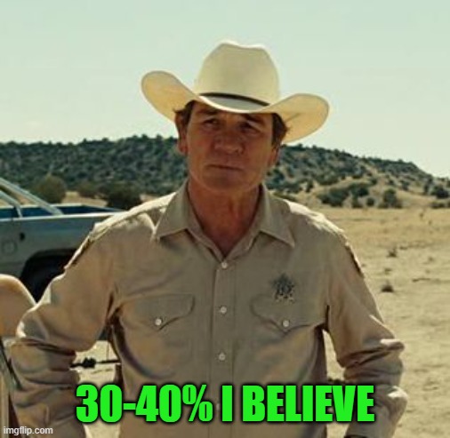 Tommy Lee Jones, No Country.. | 30-40% I BELIEVE | image tagged in tommy lee jones no country | made w/ Imgflip meme maker