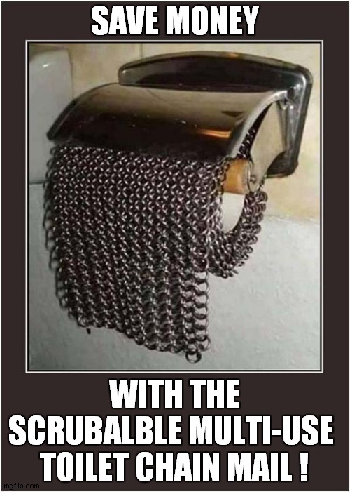 Toilet Economy Tip ! | SAVE MONEY; WITH THE SCRUBALBLE MULTI-USE  TOILET CHAIN MAIL ! | image tagged in fun,toilet paper,chain mail,economy,reusable | made w/ Imgflip meme maker