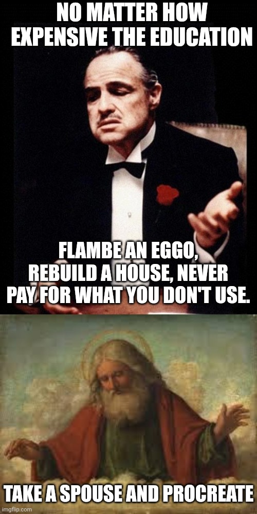 When the god father and holy father speak about life utility | NO MATTER HOW EXPENSIVE THE EDUCATION; FLAMBE AN EGGO, REBUILD A HOUSE, NEVER PAY FOR WHAT YOU DON'T USE. TAKE A SPOUSE AND PROCREATE | image tagged in godfather,god | made w/ Imgflip meme maker