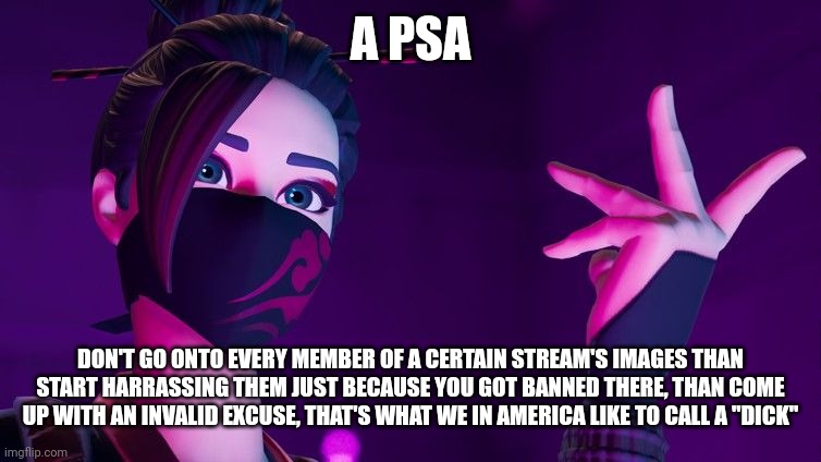 Alright, that's enough about "him" for me, I think | A PSA; DON'T GO ONTO EVERY MEMBER OF A CERTAIN STREAM'S IMAGES THAN START HARRASSING THEM JUST BECAUSE YOU GOT BANNED THERE, THAN COME UP WITH AN INVALID EXCUSE, THAT'S WHAT WE IN AMERICA LIKE TO CALL A "DICK" | image tagged in red jade explaining | made w/ Imgflip meme maker