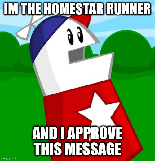 IM THE HOMESTAR RUNNER AND I APPROVE THIS MESSAGE | image tagged in homestar | made w/ Imgflip meme maker