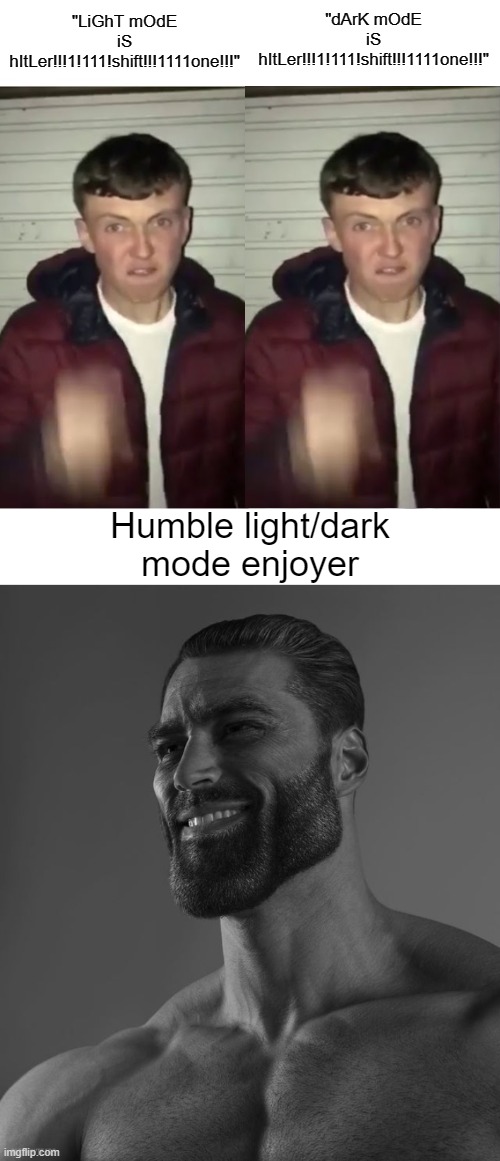 both. both is good | "dArK mOdE iS hItLer!!!1!111!shift!!!1111one!!!"; "LiGhT mOdE iS hItLer!!!1!111!shift!!!1111one!!!"; Humble light/dark mode enjoyer | image tagged in memes,average fan vs average enjoyer,giga chad,light mode,dark mode,facts | made w/ Imgflip meme maker