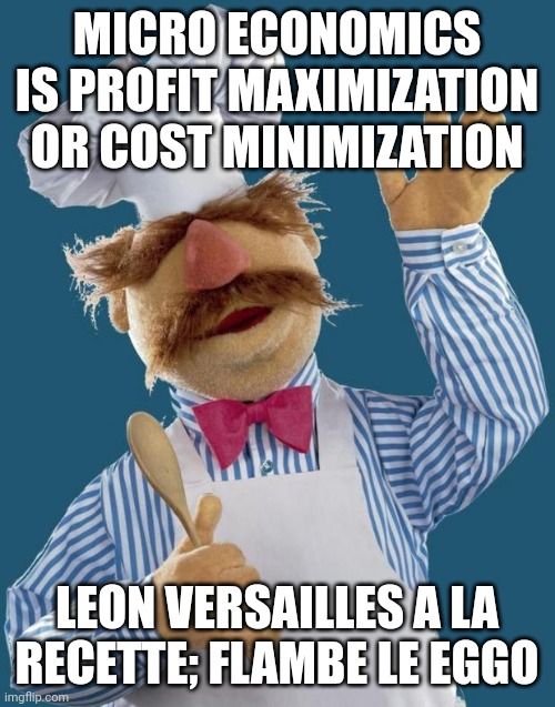EDGAR is all asset, turnover, and calculus factors. | MICRO ECONOMICS IS PROFIT MAXIMIZATION OR COST MINIMIZATION; LEON VERSAILLES A LA RECETTE; FLAMBE LE EGGO | image tagged in swedish chef | made w/ Imgflip meme maker