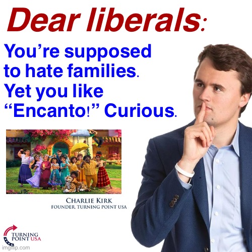 Things that make Charlie Kirk go hmmm | Dear liberals:; You’re supposed to hate families. Yet you like “Encanto!” Curious. | image tagged in turning point | made w/ Imgflip meme maker