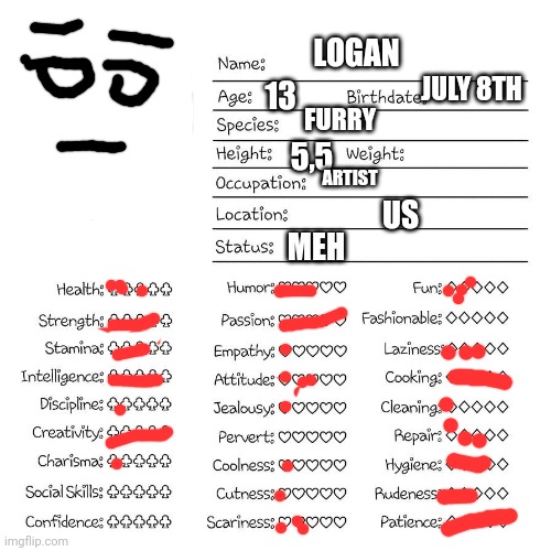 My dead names lily u can call me that too if u want | LOGAN; JULY 8TH; 13; FURRY; 5,5; ARTIST; US; MEH | image tagged in profile card | made w/ Imgflip meme maker