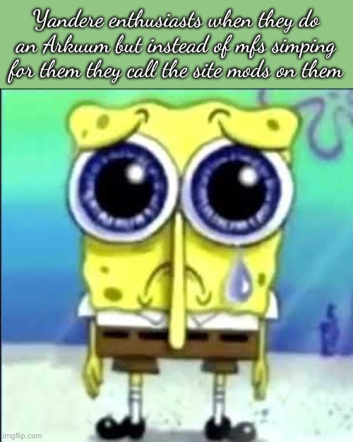 Sad Spongebob | Yandere enthusiasts when they do an Arkuum but instead of mfs simping for them they call the site mods on them | image tagged in sad spongebob | made w/ Imgflip meme maker