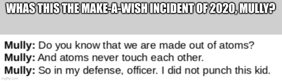 make a wish incident confirmed | WHAS THIS THE MAKE-A-WISH INCIDENT OF 2020, MULLY? | made w/ Imgflip meme maker