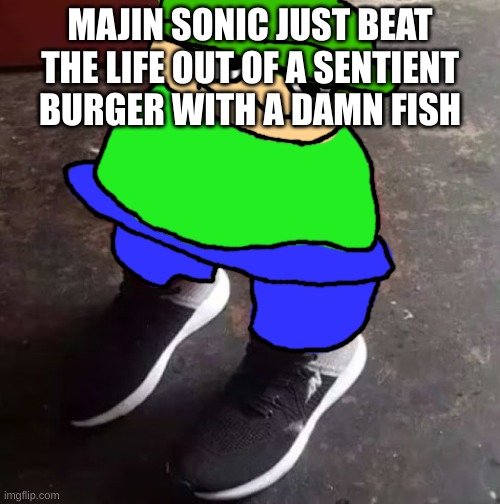 Brobgonal Drip | MAJIN SONIC JUST BEAT THE LIFE OUT OF A SENTIENT BURGER WITH A DAMN FISH | image tagged in brobgonal drip | made w/ Imgflip meme maker