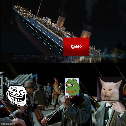CNNtanic | image tagged in titanic band,cnn,troll face,smudge the cat,pepe the frog | made w/ Imgflip meme maker