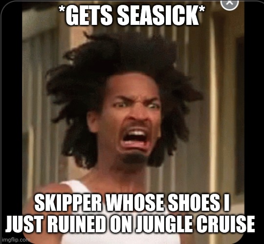 Jungle Puke Cruise | *GETS SEASICK*; SKIPPER WHOSE SHOES I JUST RUINED ON JUNGLE CRUISE | image tagged in junglecruise,disney | made w/ Imgflip meme maker