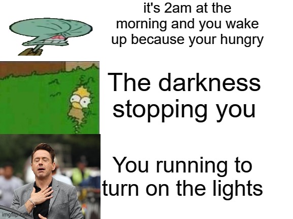 Hunger in a nutshell |  it's 2am at the morning and you wake up because your hungry; The darkness stopping you; You running to turn on the lights | image tagged in hunger,stop reading the tags,look at the meme,please | made w/ Imgflip meme maker