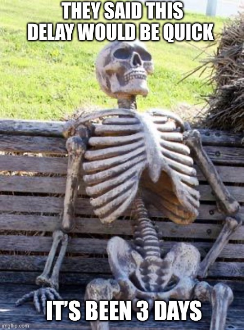 Airplane delays are so long | THEY SAID THIS DELAY WOULD BE QUICK; IT’S BEEN 3 DAYS | image tagged in memes,waiting skeleton | made w/ Imgflip meme maker