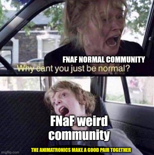 with the "weird community" I mean nsfw artists, shippers, and every person who does something that is wrong in the FNaF fandom | FNAF NORMAL COMMUNITY; FNaF weird community; THE ANIMATRONICS MAKE A GOOD PAIR TOGETHER | image tagged in why can't you just be normal | made w/ Imgflip meme maker