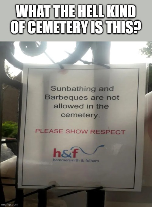No fun cemetery | WHAT THE HELL KIND OF CEMETERY IS THIS? | image tagged in dark humor | made w/ Imgflip meme maker