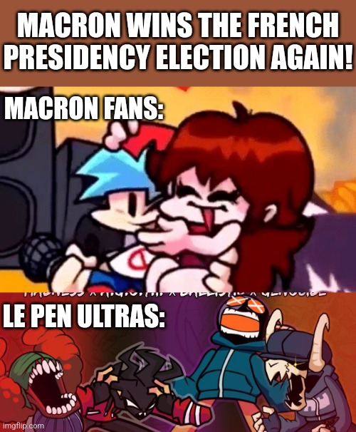 cit. | MACRON WINS THE FRENCH PRESIDENCY ELECTION AGAIN! MACRON FANS:; LE PEN ULTRAS: | image tagged in friday night funkin,macron,lepen,france,elections 2022,memes | made w/ Imgflip meme maker
