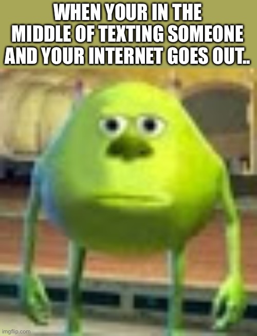 Relatable? | WHEN YOUR IN THE MIDDLE OF TEXTING SOMEONE AND YOUR INTERNET GOES OUT.. | image tagged in sully wazowski | made w/ Imgflip meme maker