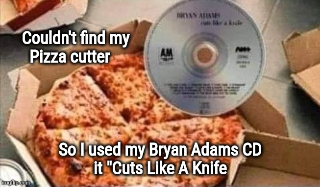 Too old ? | Couldn't find my
     Pizza cutter; So I used my Bryan Adams CD
it "Cuts Like A Knife | image tagged in canadian,old singers week,1970's,run to you | made w/ Imgflip meme maker