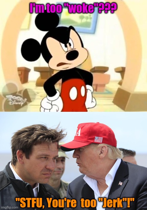 I'm too "woke"??? "STFU, You're  too "Jerk"!" | image tagged in mickey mouse angry,trump and desantis | made w/ Imgflip meme maker