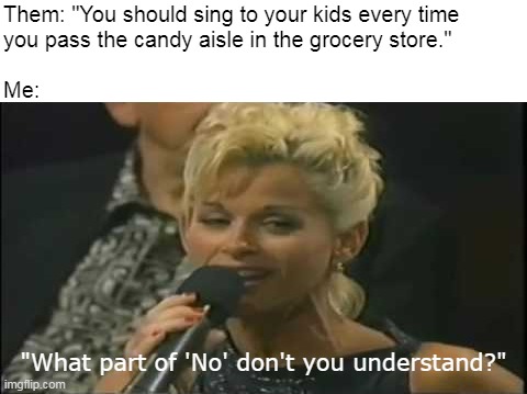 Them: "You should sing to your kids every time 
you pass the candy aisle in the grocery store."
 
Me:; "What part of 'No' don't you understand?" | image tagged in meme,memes,humor,parenting | made w/ Imgflip meme maker