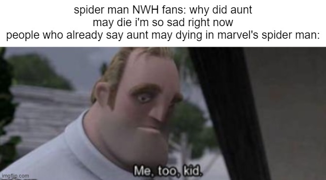 me too kid |  spider man NWH fans: why did aunt may die i'm so sad right now
people who already say aunt may dying in marvel's spider man: | image tagged in me too kid,spider man,no way home | made w/ Imgflip meme maker