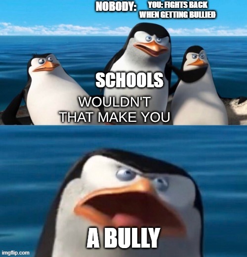 kinda true |  NOBODY:; YOU: FIGHTS BACK WHEN GETTING BULLIED; SCHOOLS; A BULLY | image tagged in wouldn't that make you blank,memes,funny,schools,bully | made w/ Imgflip meme maker