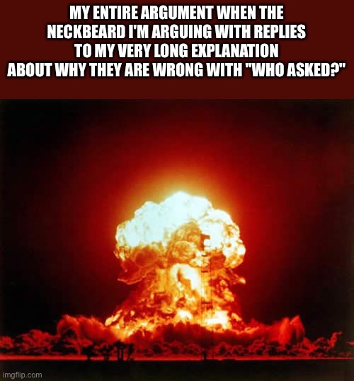 Why do they do this |  MY ENTIRE ARGUMENT WHEN THE NECKBEARD I'M ARGUING WITH REPLIES TO MY VERY LONG EXPLANATION ABOUT WHY THEY ARE WRONG WITH "WHO ASKED?" | image tagged in memes,nuclear explosion,argument,who asked | made w/ Imgflip meme maker