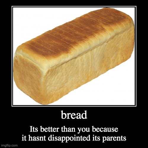 bread | bread | Its better than you because it hasnt disappointed its parents | image tagged in funny,demotivationals | made w/ Imgflip demotivational maker