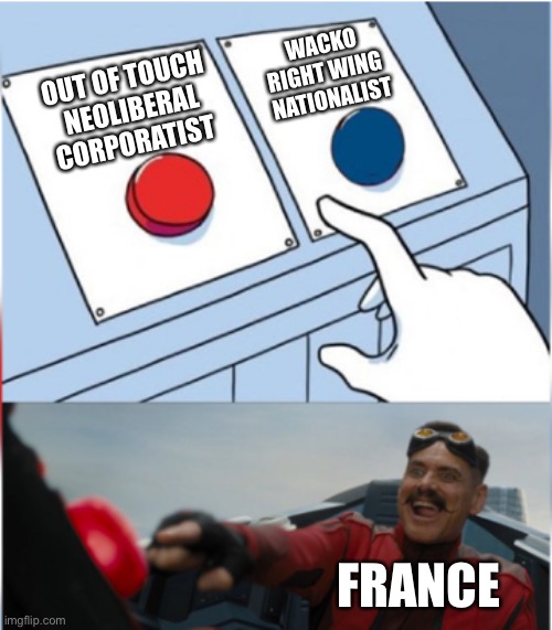 victory? |  WACKO RIGHT WING 
NATIONALIST; OUT OF TOUCH
 NEOLIBERAL CORPORATIST; FRANCE | image tagged in robotnik pressing red button | made w/ Imgflip meme maker