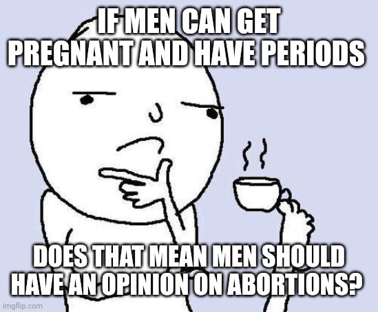 "You have no uterus, so it's not your decision!" | IF MEN CAN GET PREGNANT AND HAVE PERIODS; DOES THAT MEAN MEN SHOULD HAVE AN OPINION ON ABORTIONS? | image tagged in thinking meme,liberal logic,politics,conservatives,abortion,pregnant woman | made w/ Imgflip meme maker