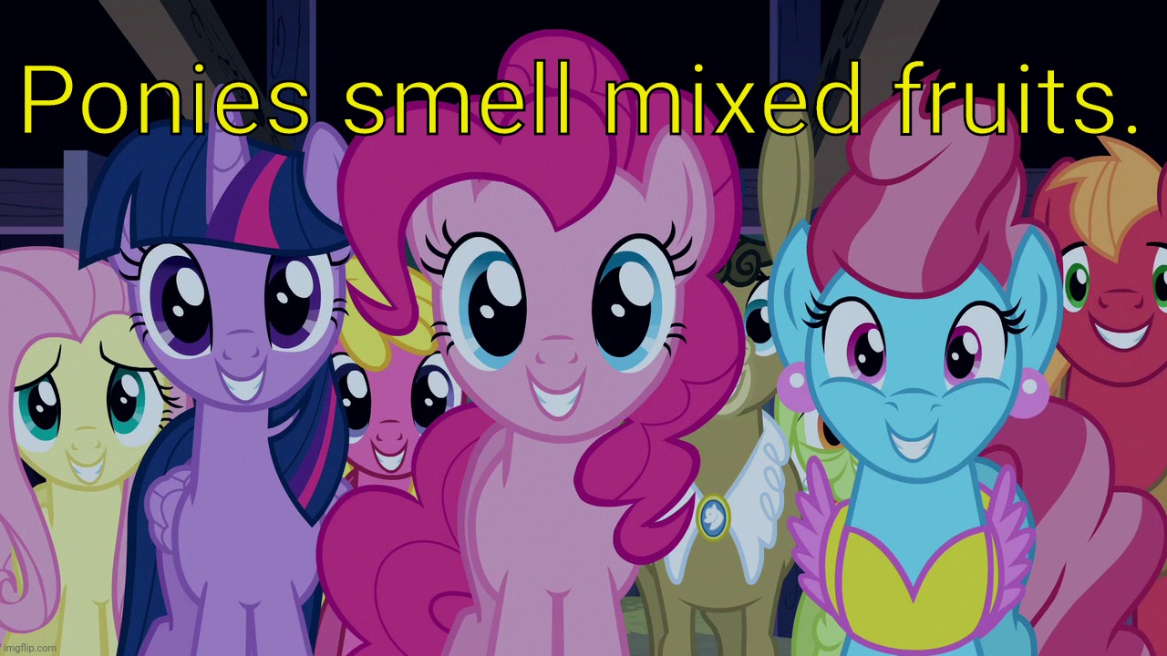 Cute Ponies (MLP) | Ponies smell mixed fruits. | image tagged in cute ponies mlp | made w/ Imgflip meme maker