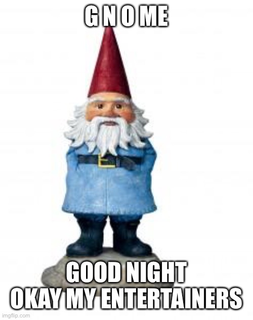 gnome | G N O ME; GOOD NIGHT OKAY MY ENTERTAINERS | image tagged in gnome | made w/ Imgflip meme maker