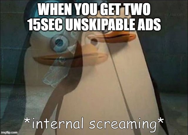 Private Internal Screaming | WHEN YOU GET TWO 15SEC UNSKIPABLE ADS | image tagged in private internal screaming | made w/ Imgflip meme maker