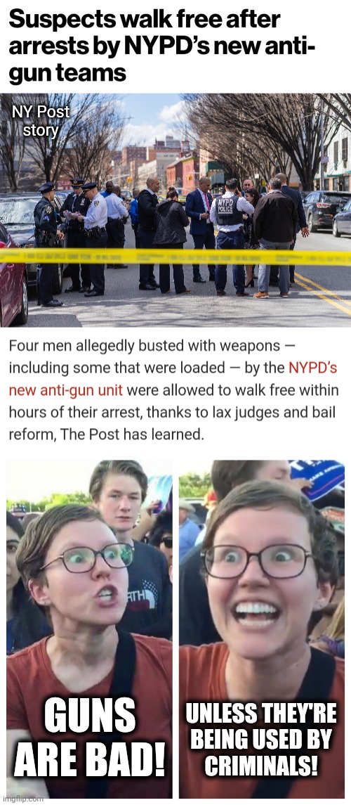 Democrat insanity: letting gun-toting criminals go free, while wanting more restrictive gun laws | NY Post
story; UNLESS THEY'RE
BEING USED BY
CRIMINALS! GUNS
ARE BAD! | image tagged in social justice warrior hypocrisy,memes,guns,gun violence,gun control,democrats | made w/ Imgflip meme maker