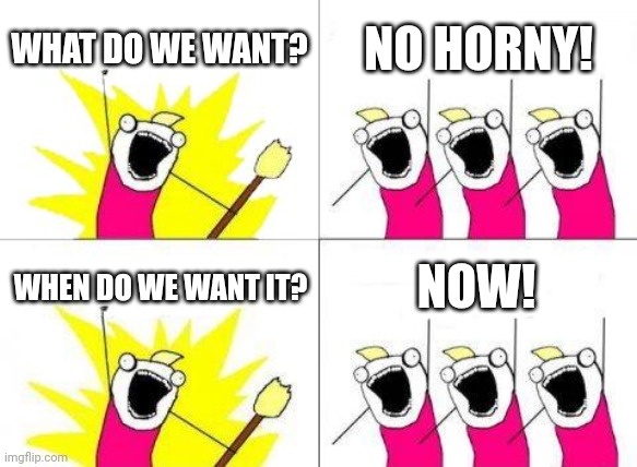 What Do We Want | WHAT DO WE WANT? NO HORNY! WHEN DO WE WANT IT? NOW! | image tagged in memes,what do we want | made w/ Imgflip meme maker