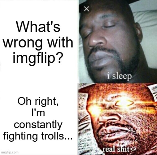 Sleeping Shaq | What's wrong with imgflip? Oh right, I'm constantly
fighting trolls... | image tagged in memes,sleeping shaq | made w/ Imgflip meme maker