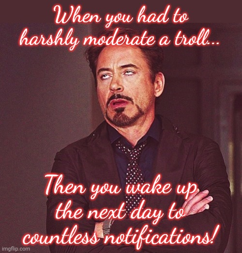 You want a permaban that badly? | When you had to harshly moderate a troll... Then you wake up the next day to countless notifications! | image tagged in robert downey jr rolling eyes,moderators,meanwhile on imgflip,will you shut up man | made w/ Imgflip meme maker