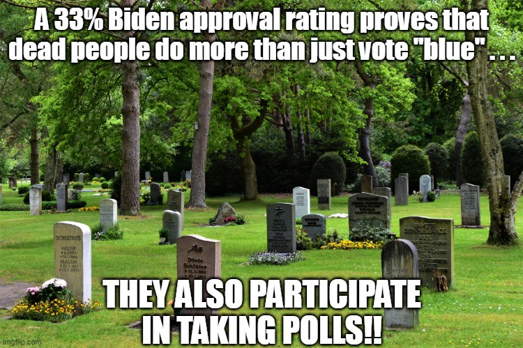 Dead, or brain dead. | A 33% Biden approval rating proves that dead people do more than just vote "blue" . . . THEY ALSO PARTICIPATE IN TAKING POLLS!! | image tagged in election fraud,cheaters,polls,mail,fraud | made w/ Imgflip meme maker