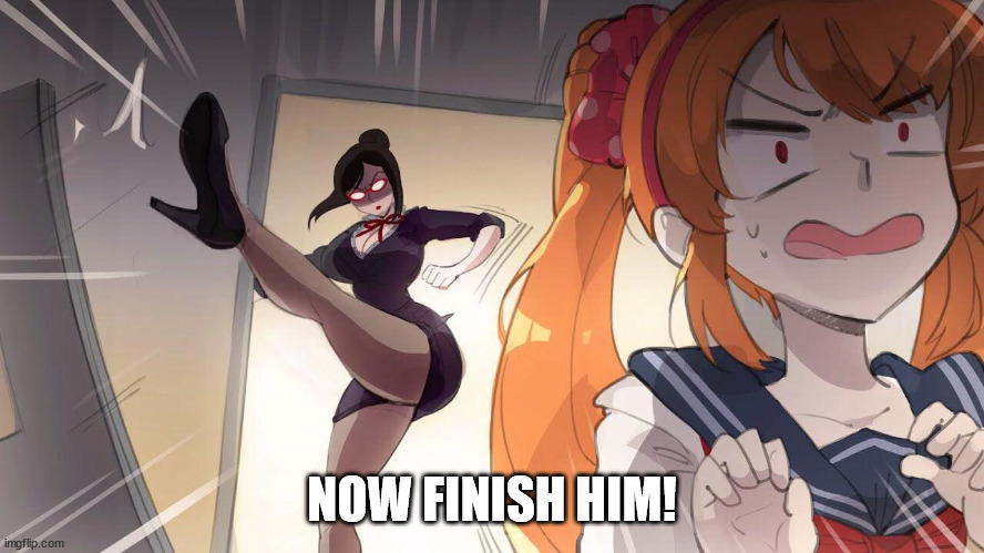 anime door kick | NOW FINISH HIM! | image tagged in anime door kick | made w/ Imgflip meme maker