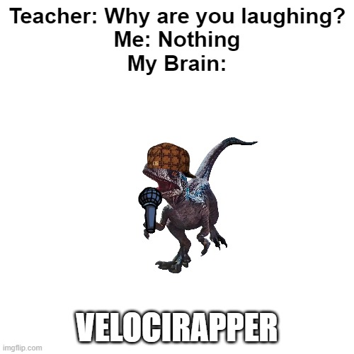 Velocirapper | Teacher: Why are you laughing?
Me: Nothing
My Brain:; VELOCIRAPPER | image tagged in memes,blank transparent square,dinosaur,velociraptor,creative,funny | made w/ Imgflip meme maker