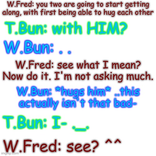 he's actually letting bunno hug him for once- | W.Fred: you two are going to start getting along, with first being able to hug each other; T.Bun: with HIM? W.Bun: . . W.Fred: see what I mean? Now do it. I'm not asking much. W.Bun: *hugs him* ..this actually isn't that bad-; T.Bun: I- ._. W.Fred: see? ^^ | image tagged in blank transparent square,well isnt this a rarity | made w/ Imgflip meme maker