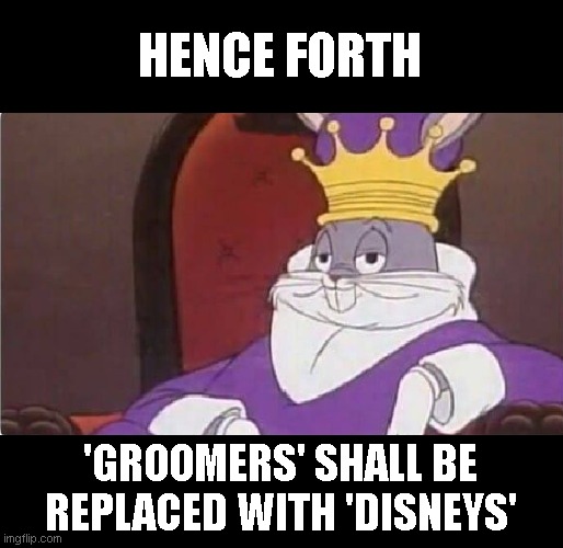 'Ma'am keep your kid away from that guy, I think he's a disney...' | HENCE FORTH; 'GROOMERS' SHALL BE REPLACED WITH 'DISNEYS' | image tagged in bugs bunny king | made w/ Imgflip meme maker