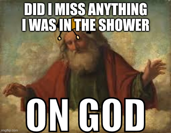 [null note: naw] | DID I MISS ANYTHING
I WAS IN THE SHOWER | image tagged in on god | made w/ Imgflip meme maker